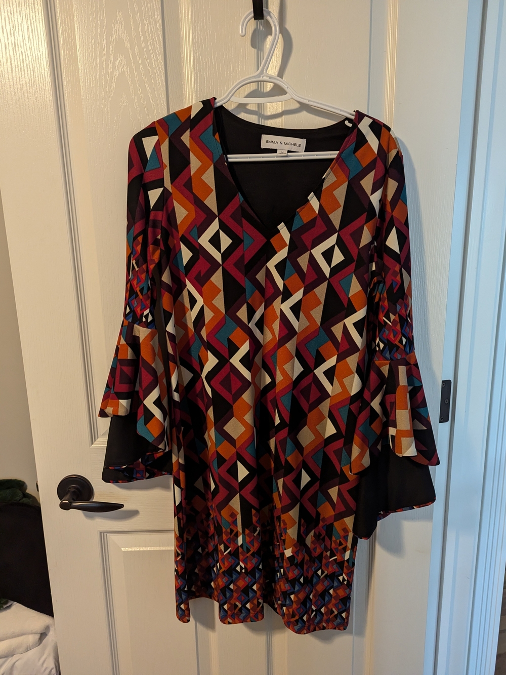 Emma & Michele Multicolor Geometric V-Neck Bell Sleeve Dress
